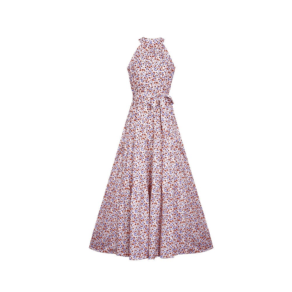 jinran Polka Dots Vintage Women Summer Halter Maxi Boho Dress Sleevless Navy Blue Floral Print Long Sash Beige A-line Beach Casual Robe