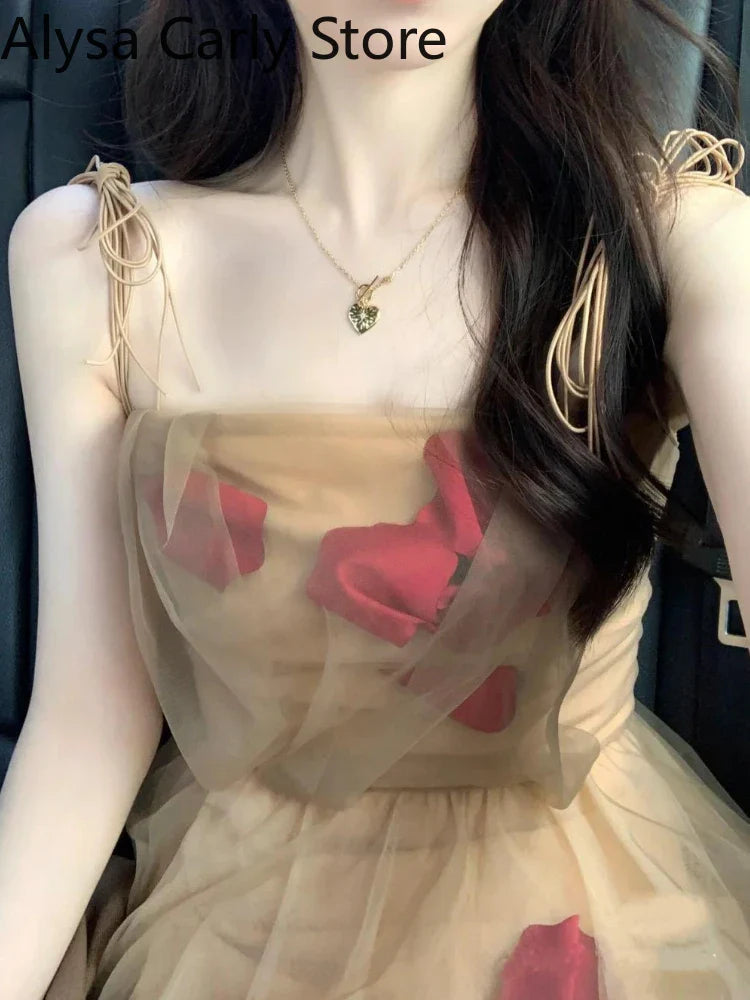 jinran Vintage Floral Strap Dress Women Sexy Backless Evening Party Fairy Dress Femme 2022 Spring High Street Korean Beach Casual Dress