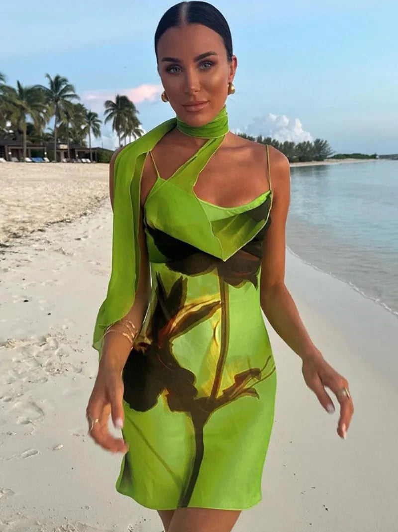 jinran Green Print Bandage Mini Slip Dress 2024 Woman Clothing Sleeveless High Waist Bodycon Package Hip Short Holiday Party Dresses