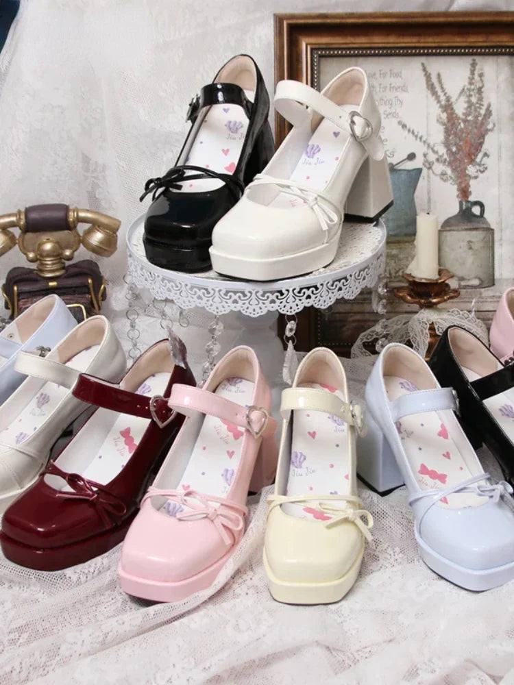 jinran Lolita French Style Square Head Leather Heels Elegant Ladies All-Match Mary Jane Thick High Heel Shoes Women's Pumps Shoes 2024