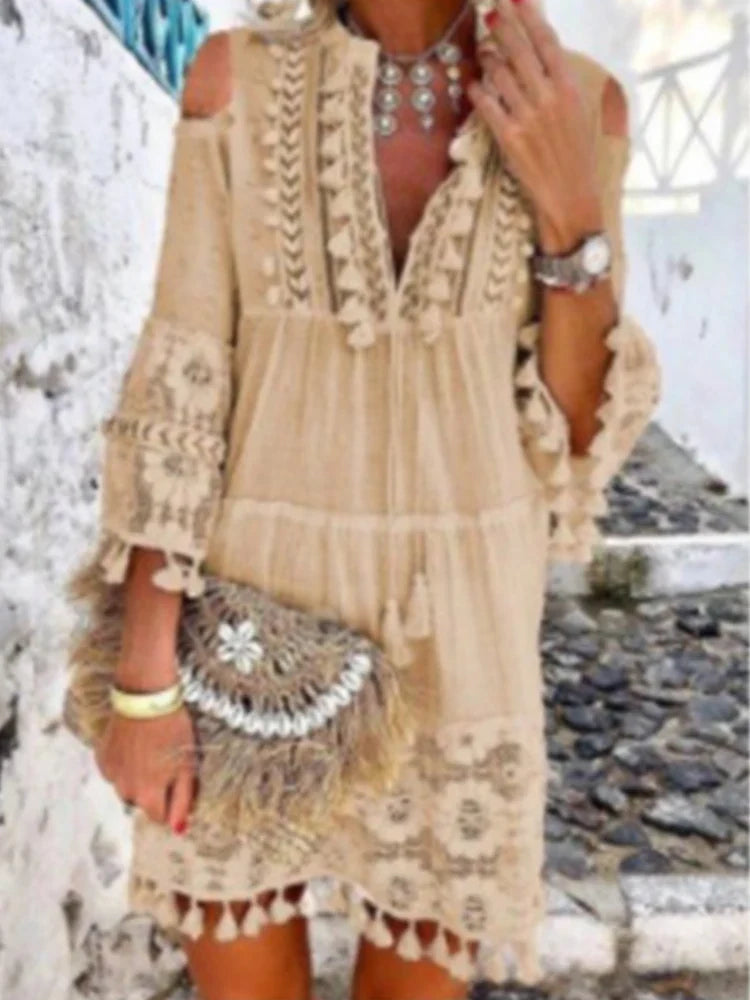 jinran New Spring Embroidery Crochet Lace Boho Dress Women Elegant Off Shoulder Tassel Ruffle Mini Dress Summer V Neck Lady Beach Dress
