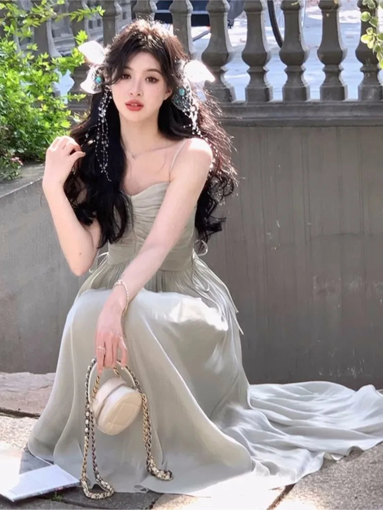 jinran Elegant Shiny Midi Dresses for Women Evening Party Dress Prom Robe Vintage Solid Summer New A-line Spaghetti Strap Vestido Mujer