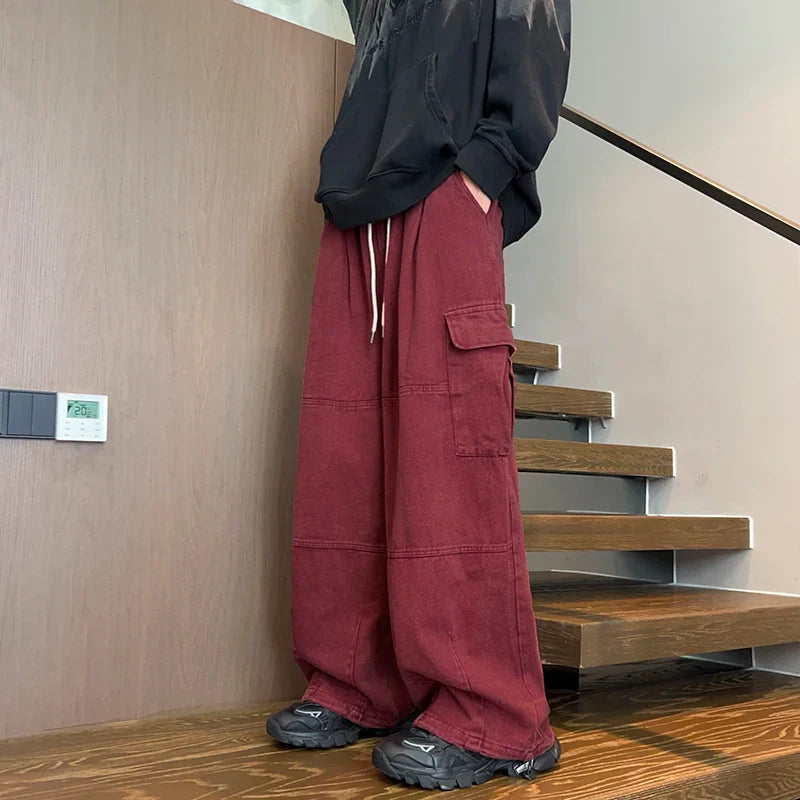 Men's Patchwork Cargo Jeans Oversized Wide Leg Trousers Men Muti-pockets Hip Hop Streetwear 90s Vintage Fashion Tooling Pants