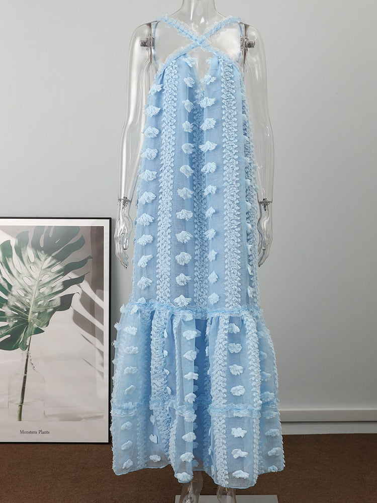 jinran Sleeveless Halter Maxi Summer Dress For Women Fashion Ruffle Beach Long Robe Elegant Slip Holiday Hollow Out Sundress