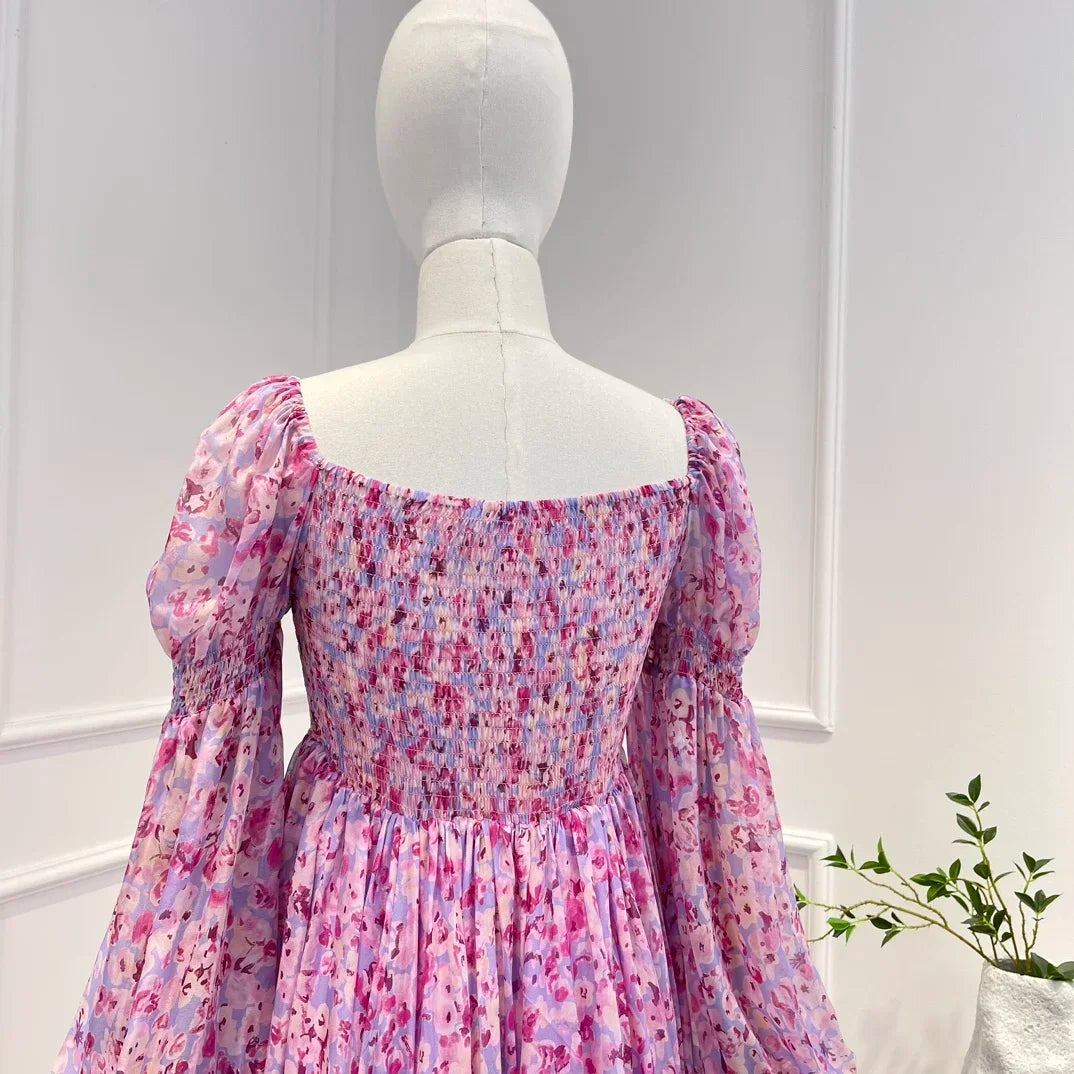 jinran 2024 New Floral Shirred Patchwork Puff Long Sleeves High Waist Chic Silk Maxi Dresses for Women