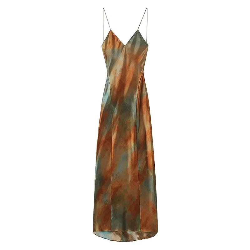 jinran stylish Summer New Fashion Female Elegant Scenery V-Neck Backless Sexy Camisole Dresses Women Chic Slim Sleeveless Long Dresses