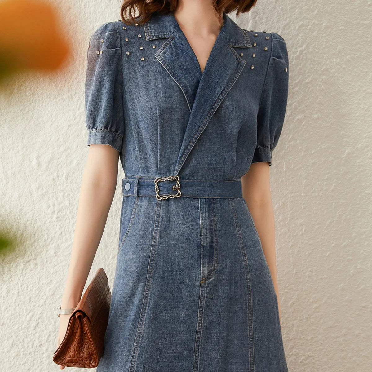 jinran Women Denim Dress 2024 Summer Dress Turn Down Collar Puff Short Sleeve with Belt Knee Length Long Washed Denim Dress