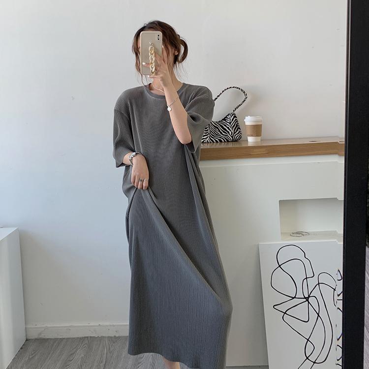 jinran Short Sleeve Dress Women Summer New Leisure Large Size Simple Solid Retro Fashion M-4XL Chic Soft Elegant Mid-calf Dress