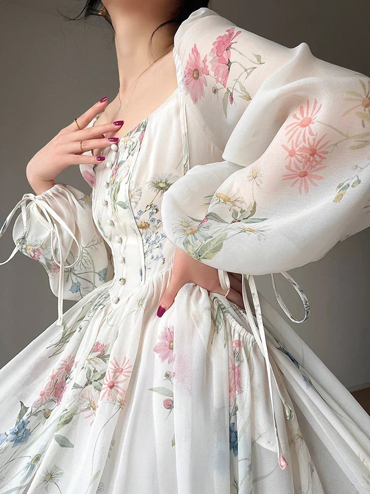 jinran Summer French Floral Midi Dress Elegant Chiffon Long Sleeve Party Dress Woman Beach Evening Fairy One Piece Dress Korean