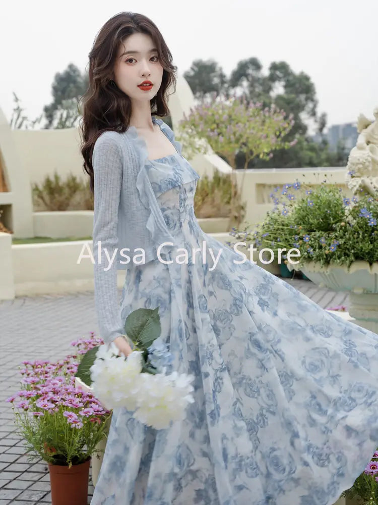 jinran Vintage Floral Two-piece Dress Women 2024 Summer Elegant Long Strap Dress Female Korean Style Beach Evening Party Fairy Dresses