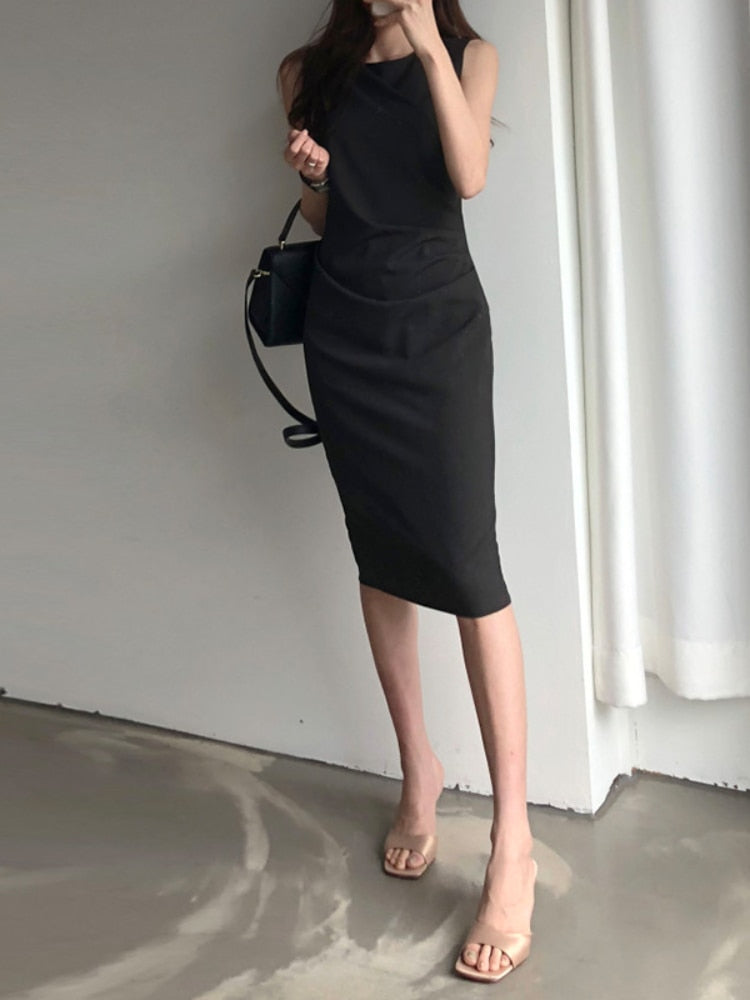 jinran Elegant Women Office Dress New Summer Sleeveless Bodycon Dresses Retro Women Midi Solid Black Long Robe Vestidos Mujer