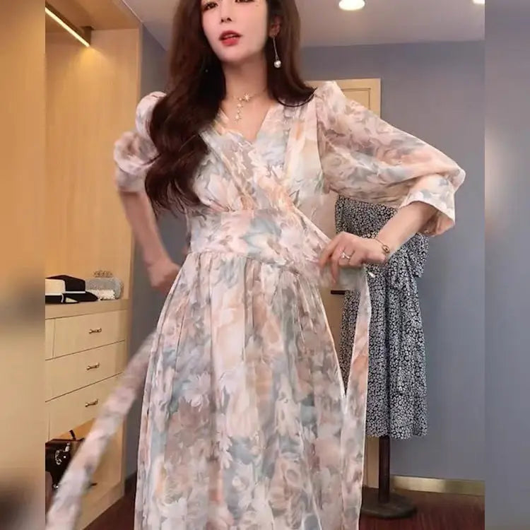 jinran Korean Fashion Puff Sleeve Floral Dress Loose Waist With Bandage New Women's Summer Dresses Elegant Casual Midi Vestidos Mujer