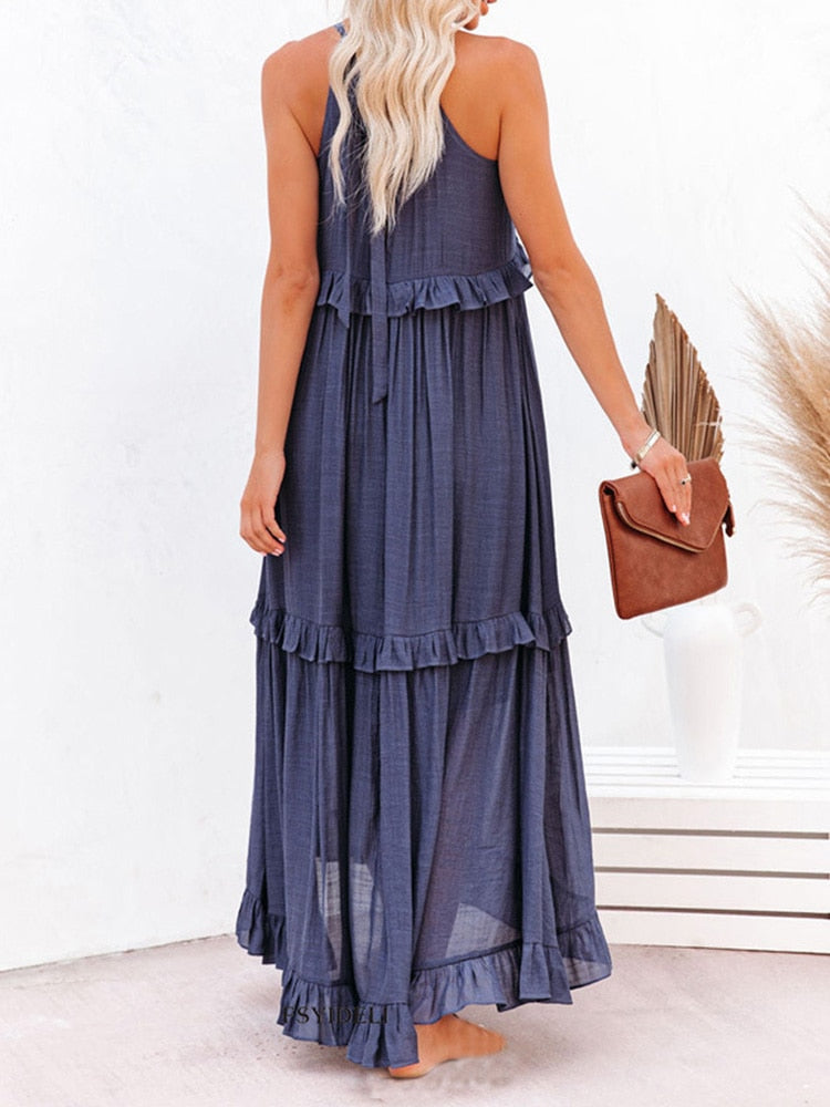 jinran Ruffles Navy Blue A-line Loose Casual Maxi Long Summer Women Dress Halter Sleeveless Robe Party Vestidos