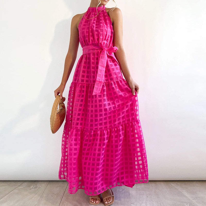 jinran Women Elegant Loose Pleated Long Party Dress Ladies Summer Sexy Sleevelss Dress Fashion High Street Cascading Ruffle Maxi Dress