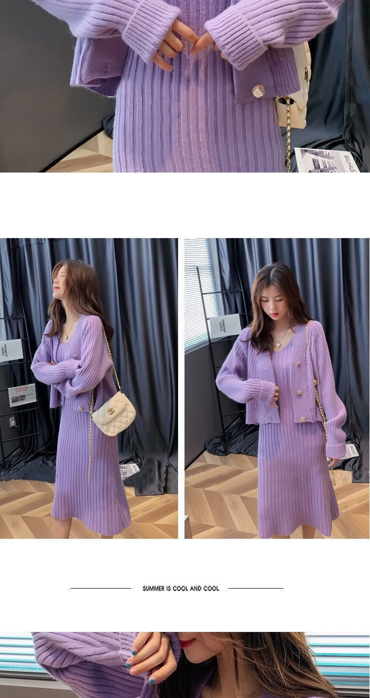 jinran Womans Clothes for Autumn Winter Loose Solid Knitwear Women's Two Piece V-Neck Casual Dress Set Long Sleeve Sweater Skirt