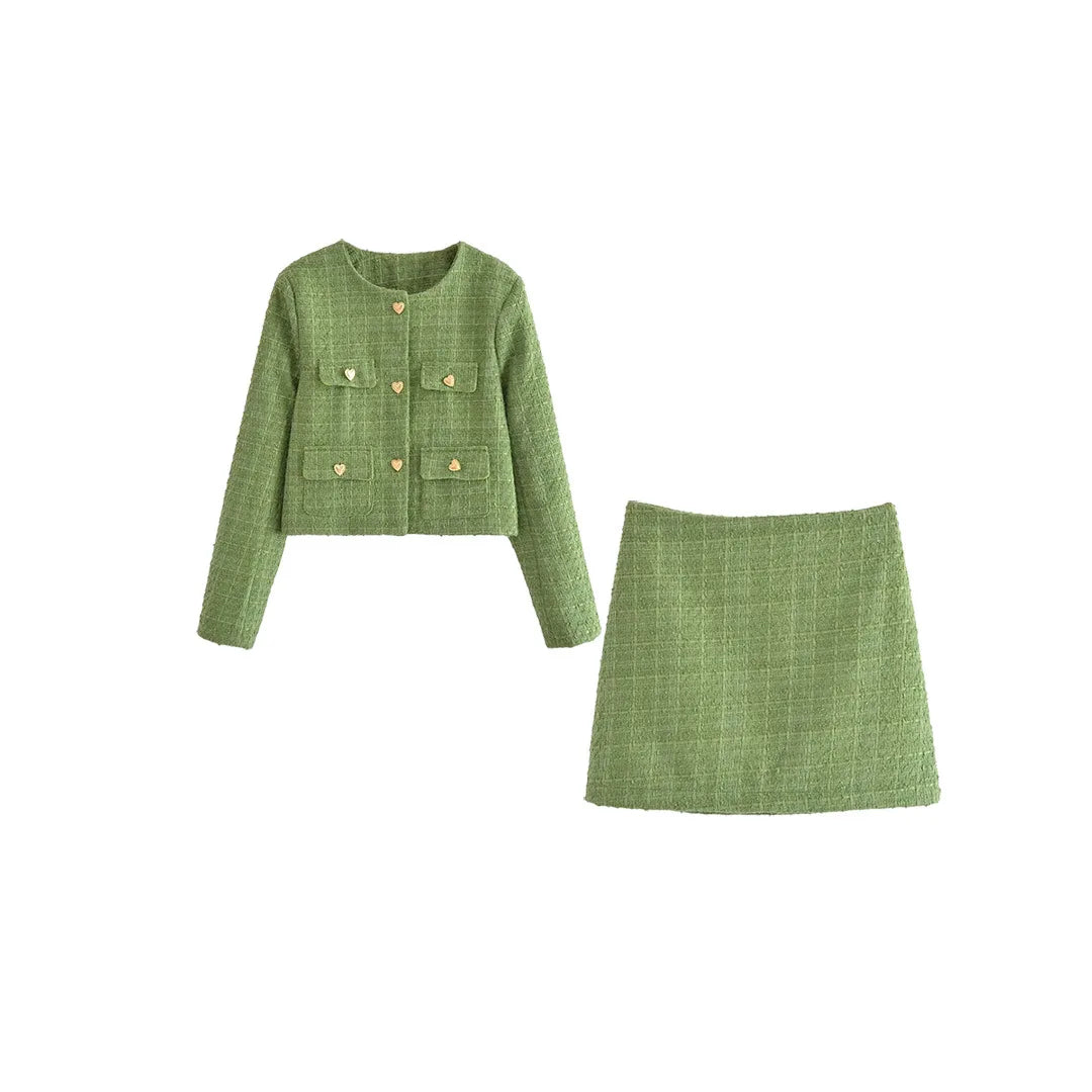 jinran Women's Tweed Jacket Skirts Suit 2024 Autumn O-neck Long Sleeve Button Coat Elegant 2 Piece Set Women Sheath Mini Skirt Outfit