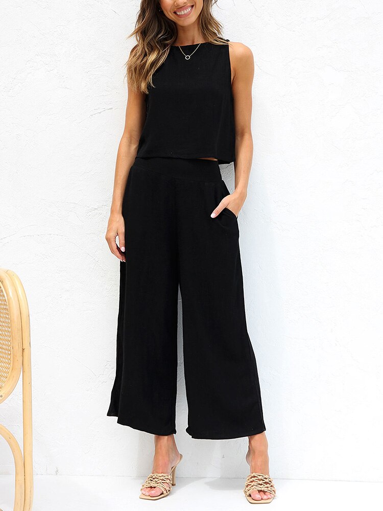 jinran Fashion 2 Pcs Outfits Sleeveless Summer Crop Top Pants Suit Solid Ankle-length Pants Casual Beach Set Back Button Pocket