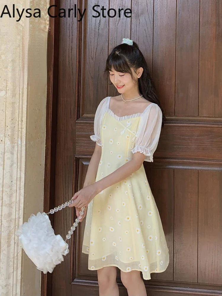 jinran Yellow Floral Vintage Dress Women Patchwork Chiffion Puff Sleeve Sweet Fairy Dress Female Elegant Korean Party Dress 2024 Summer