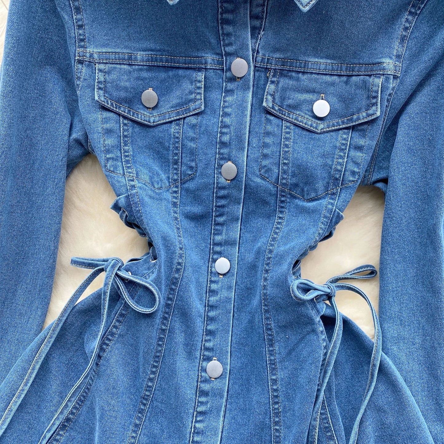 jinran Women Single Breasted Denim Dresses Retro Waist Slimming Temperament Turn-down Collar Bandage Slim Short Jeans Dresses