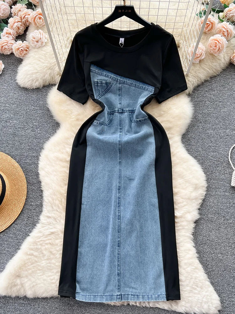 jinran Temperament Contrast Color Patchwork Denim Dress For Women Fashion Short Sleeve O-neck Dresses Female 2023 Summer 27SN4063