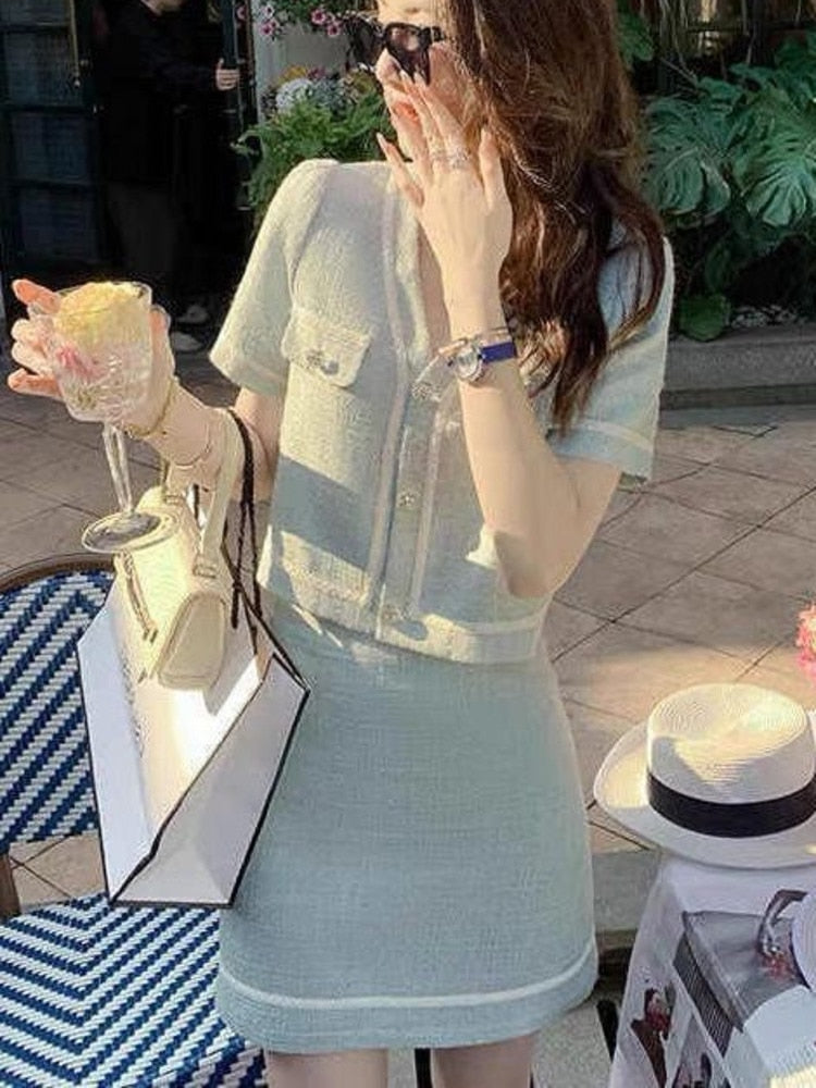 jinran French Vintage Small Fragrance Two Piece Set Women Short Jacket Coat + Mini Skirt Sets Korean Fashion Summer 2 Piece Outfit
