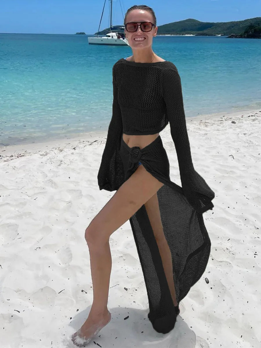 jinran Sexy Knit Cut Out Bell Sleeve Short Top Lace-up Beach Slit Leg Skirt Suit Summer Women Bikini Cover-ups Beachwear Set BeachCover