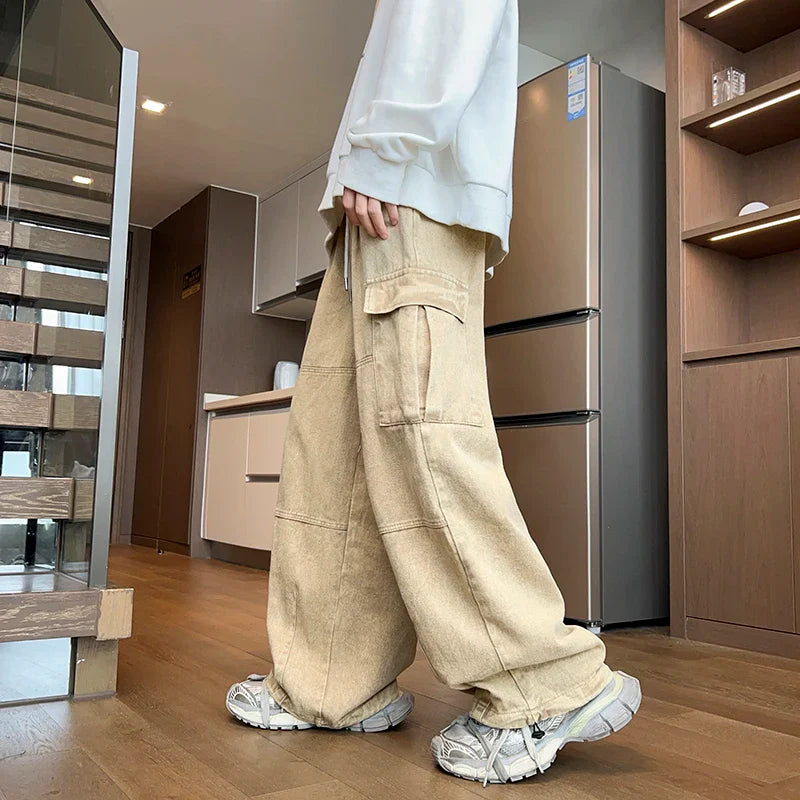 Men's Patchwork Cargo Jeans Oversized Wide Leg Trousers Men Muti-pockets Hip Hop Streetwear 90s Vintage Fashion Tooling Pants