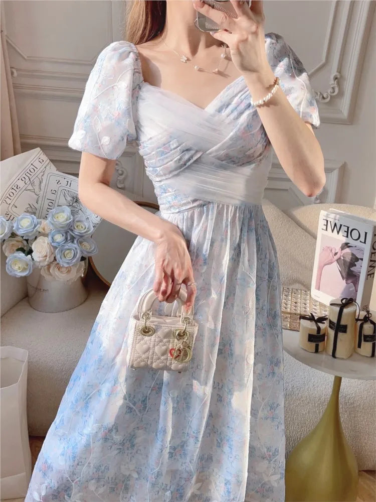 jinran Summer Puff Sleeve Women Dress For Party French Eleganrt Floral Print Vestidos Lady Dresses Sweet Birthday Female Robe A-line