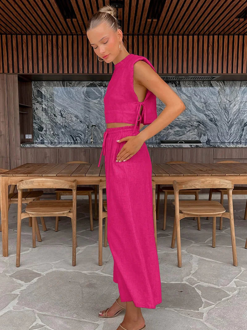 jinran Spring Summer 2024 Women Holiday Linen Pant Set Crop Tops Solid Outfits 2 Two Piece Matching Set For Women