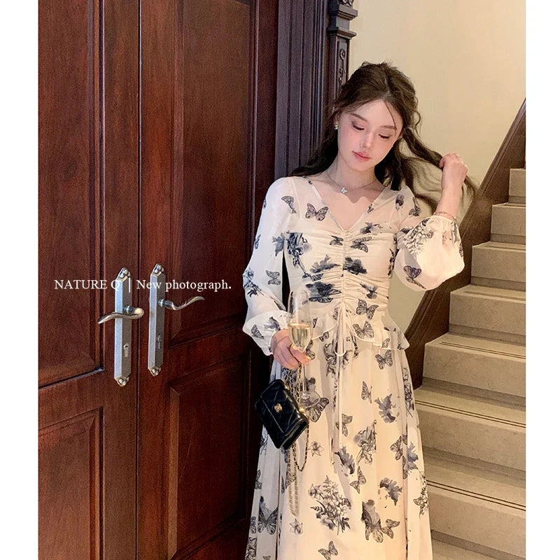 jinran Elegant Dresses for Women Summer New Chinese Style Butterfly Print Casual Party Dress Female Vintage Vestido Prom Robe 2024