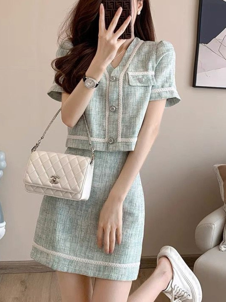 jinran French Vintage Small Fragrance Two Piece Set Women Short Jacket Coat + Mini Skirt Sets Korean Fashion Summer 2 Piece Outfit