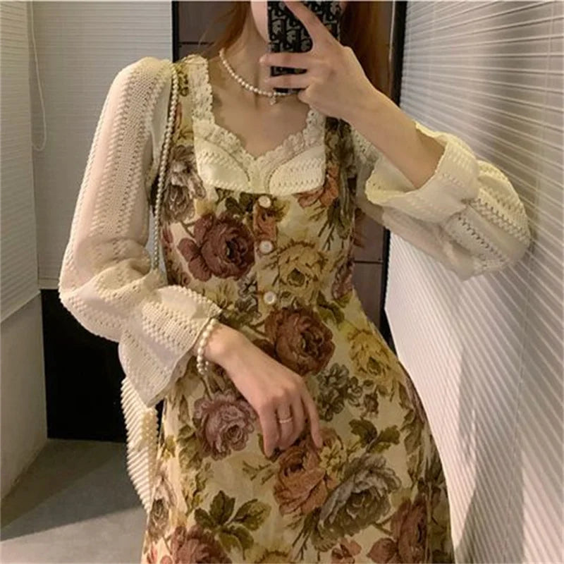 jinran French Vintage Floral Dress Women Lace Korean Style Evening Party Midi Dress Female Print Retro Elegant Fairy Dress Autumn 2024