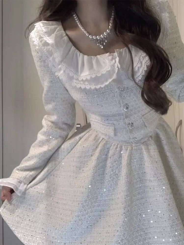 jinran Autumn Elegant Princess Dresses for Women New Fashion Long Sleeve Square Collar A-line Korean Birthday Party Dress Mini Vestidos