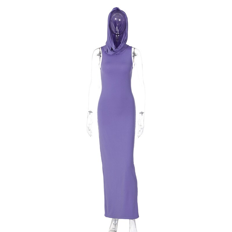 jinran Fashion Hooded Summer Sexy Y2K Clothes Sleeveless Bodycon Maxi Slit Dresses for Women Club Party Evening Streetwear