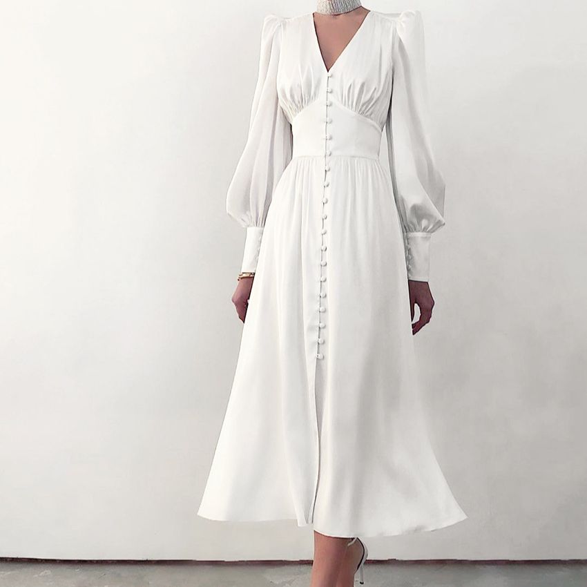 jinran Women Autumn Puff Sleeve Elegant Dress Long Sleeve V Neck Slim Waist Long Dress Korean Fashion Vintage Dresses Female