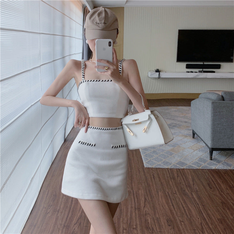 jinran Small Fragrant Breeze Crop Top Women Sexy Knitting Camisole Fashion High Waist Hip Skirt Suit 2022 Summer New