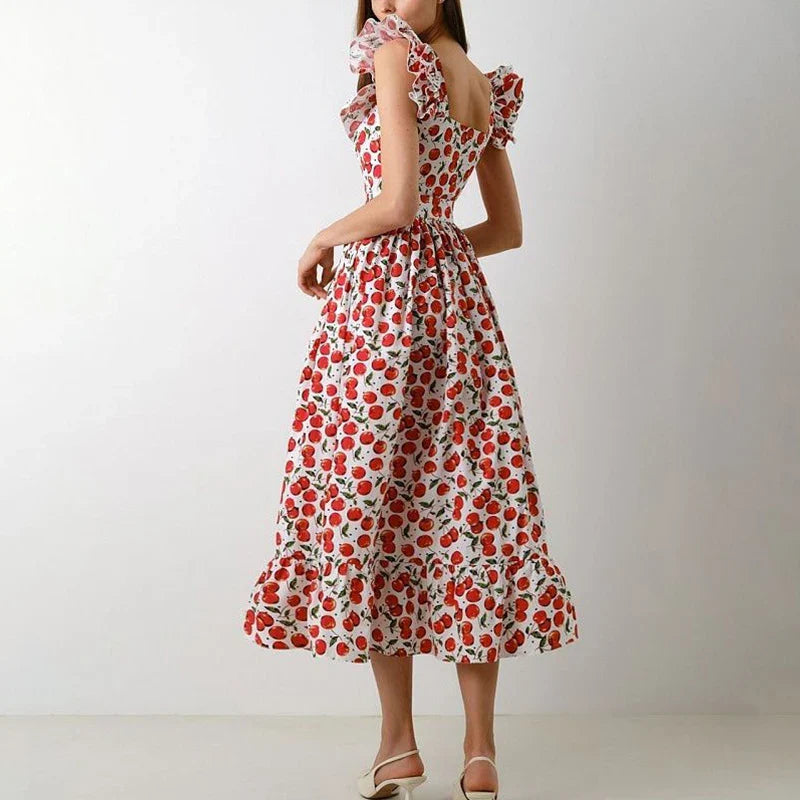 jinran Women Sexy Square Collar Hem Boho Long Dress Spring Print Button A-Line Party Dress Summer Puff Sleeve Ruffle Holiday Maxi Dress