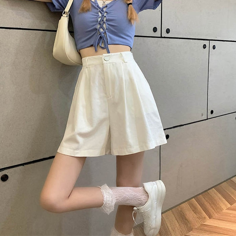 jinran Y2K Women High Waist White Shorts Korean Fashion Pleated Wide Leg Pants Summer Casual All Match Female Preppy Style Pants New