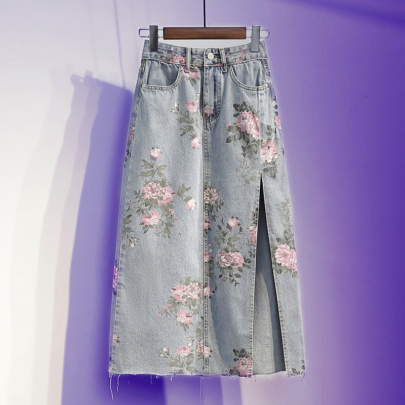 jinran Spring And Summer Trendy Flower Split Denim Skirt Women's 5XL Slightly Fat MM Thin Bag Hip Mid-length A-line Skirt