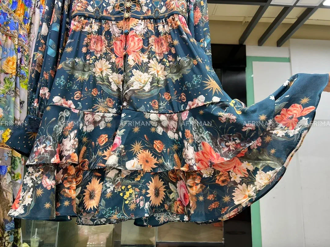 jinran Women V Neck Crystal Beaded Lantern Long Sleeve Blue Print Butterfly Embroidery Multi-layer Mini Silk Dress