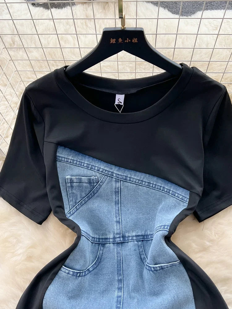 jinran Temperament Contrast Color Patchwork Denim Dress For Women Fashion Short Sleeve O-neck Dresses Female 2023 Summer 27SN4063