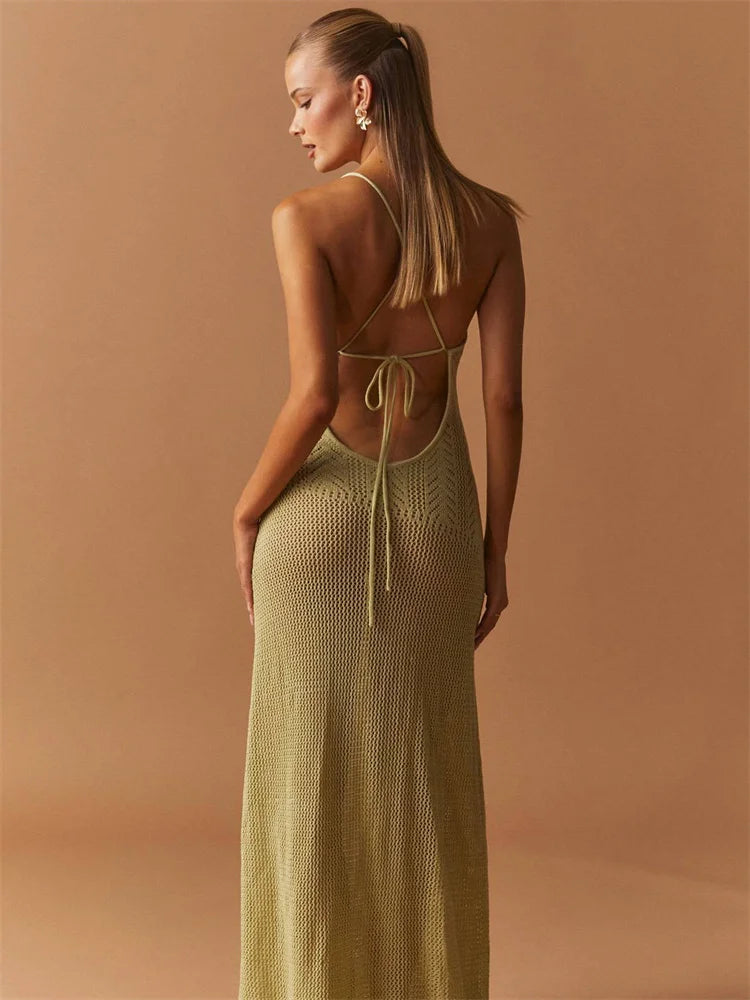 jinran Summer Knit Bandage Maxi Dress Female Hollow Out See-Through Printed High Waist Backless Beach Holiday Women Long Dress