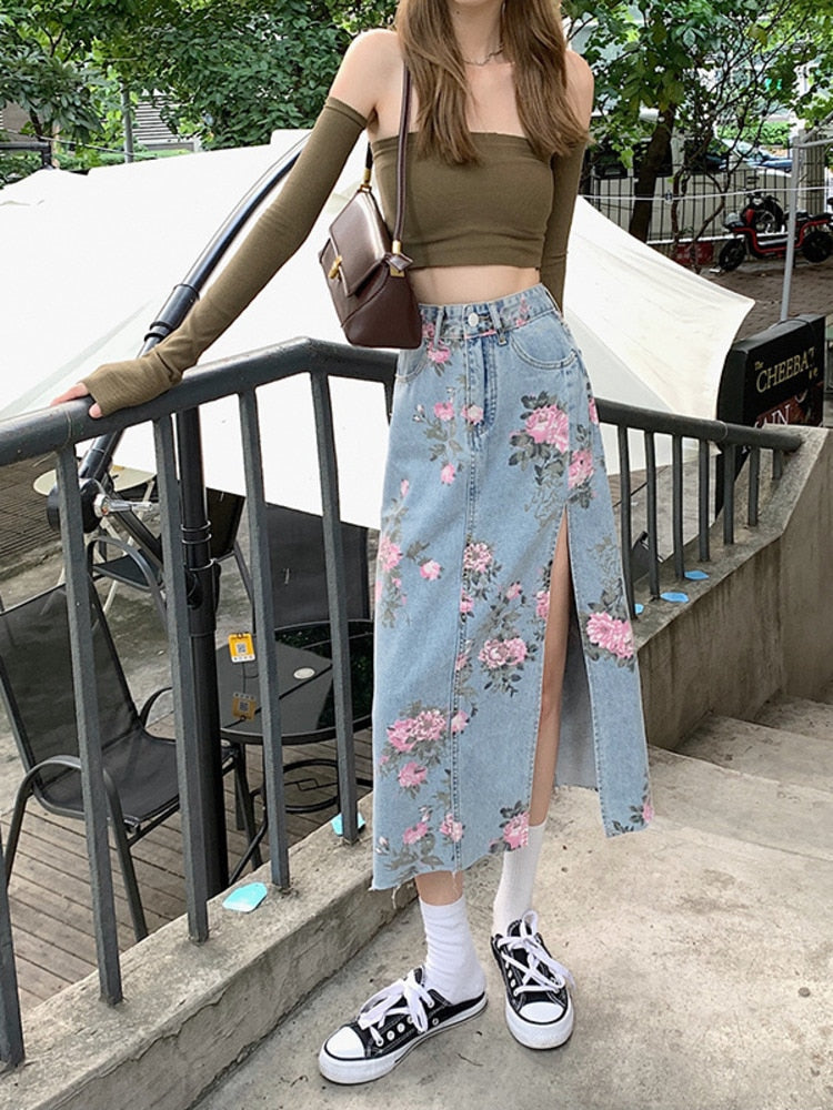 jinran Spring And Summer Trendy Flower Split Denim Skirt Women's 5XL Slightly Fat MM Thin Bag Hip Mid-length A-line Skirt
