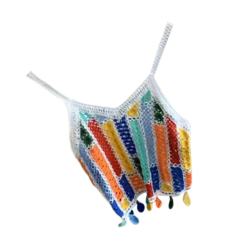 jinran Women Bohemian Crocheted Sleeveless V-Neck Camisole Summer Hollowed Knitted Colorful Tassels Thin Straps Crop Top