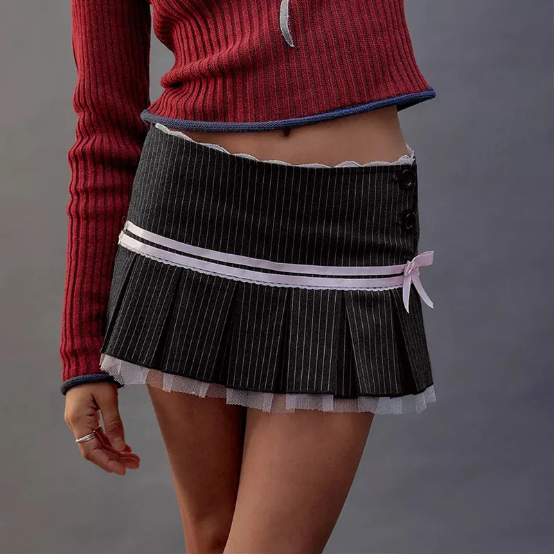 jinran Summer Skirt Women Sweet Streetwear Fashion Lace Patchwork Bandage Casual Sexy Slim Mini Skirt Solid Party Elegant Skirts Female