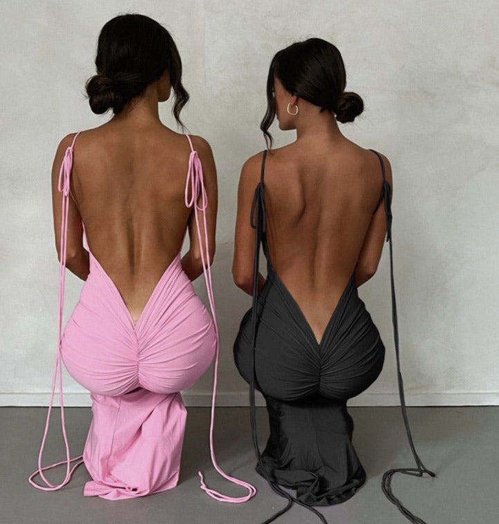 jinran Spaghetti Strap Sexy Backless Maxi Dress Outfits Women Elegant Birthday Vestido Summer Club Party Ruched Dresses