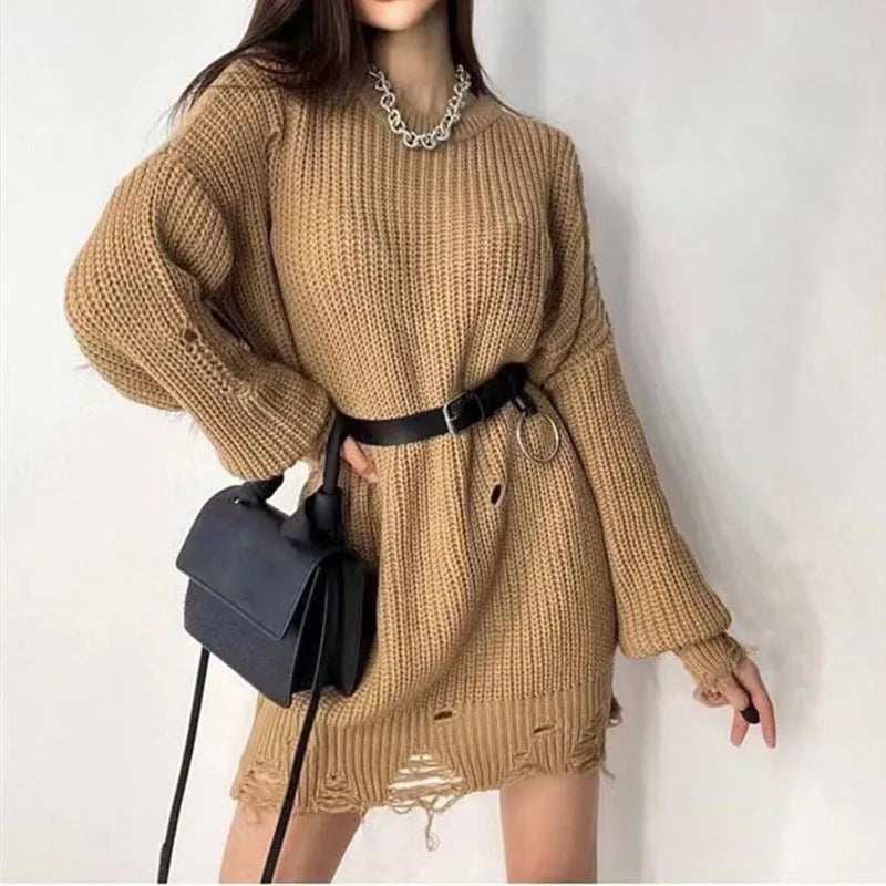 jinran Women Ripped Hole Knit Dress Autumn Winter Long Sleeve Mini Sweater Dresses Casual Loose Oversize Knitted Short Dresses