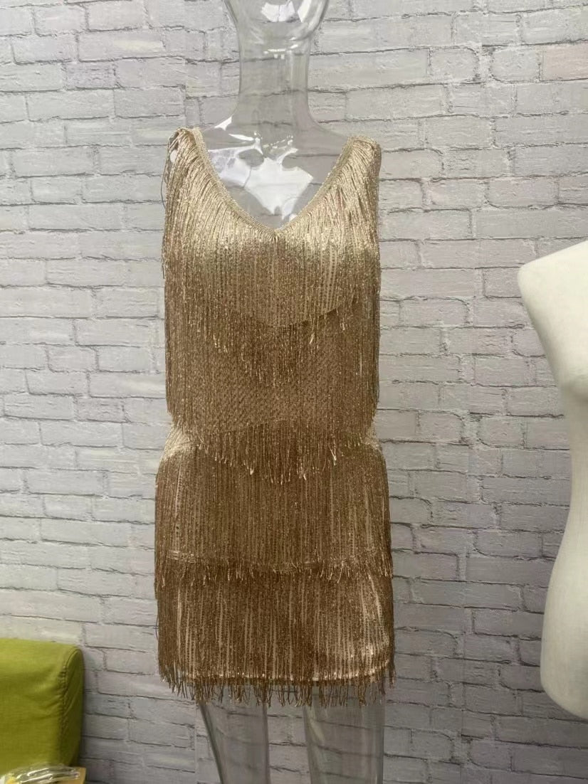 jinran Chic Sexy Sleeveless V-Neck Vintage Tassel Mini Dress Women Elegant Evening Party Bodycon Dresses Summer Ladies Night Club Dress