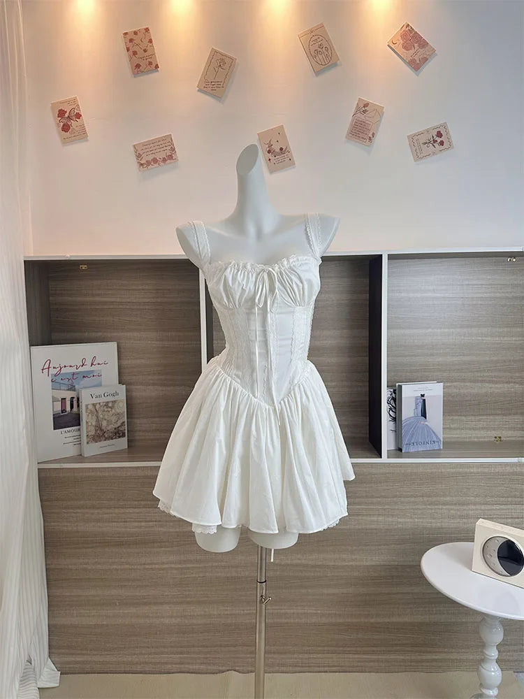 jinran Summer Mori Girl Women Bow A-Line Dress Spaghetti Strap Solid Color Frocks Dress Square Neck Party Tunic Korean Preppy Evening