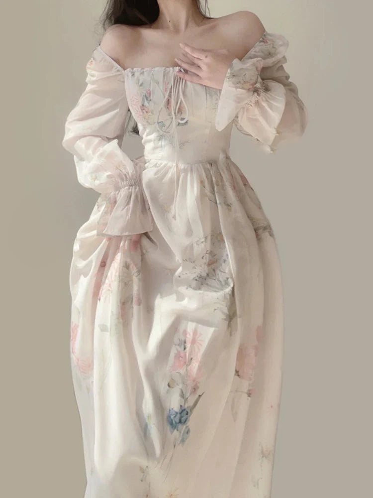 jinran 2024 Summer Elegant Floral Fairy Dress Woman Beach Style Party Long Sleeve Midi Dress Fashion Female One Piece Dress Korean Boho